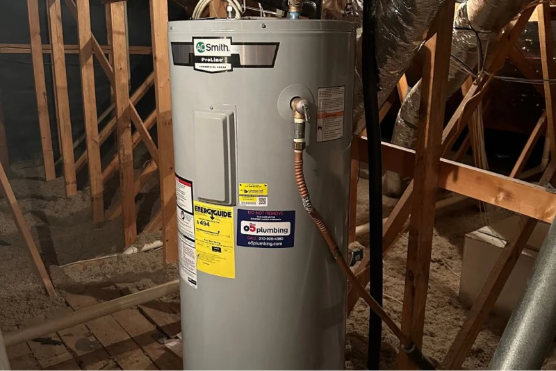 newly installed water heater in a homes attic