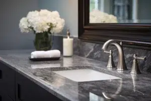 Luxurious bathroom vanity with flowers.