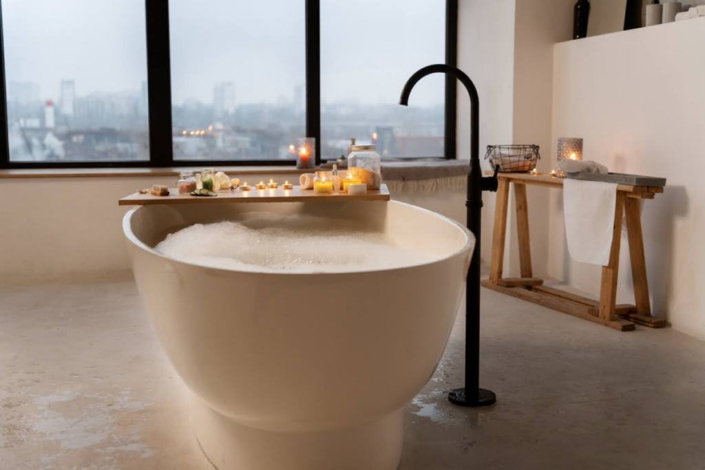 A luxurious bathtub with a wooden tray holding candles and bath essentials, offering a relaxing ambiance.