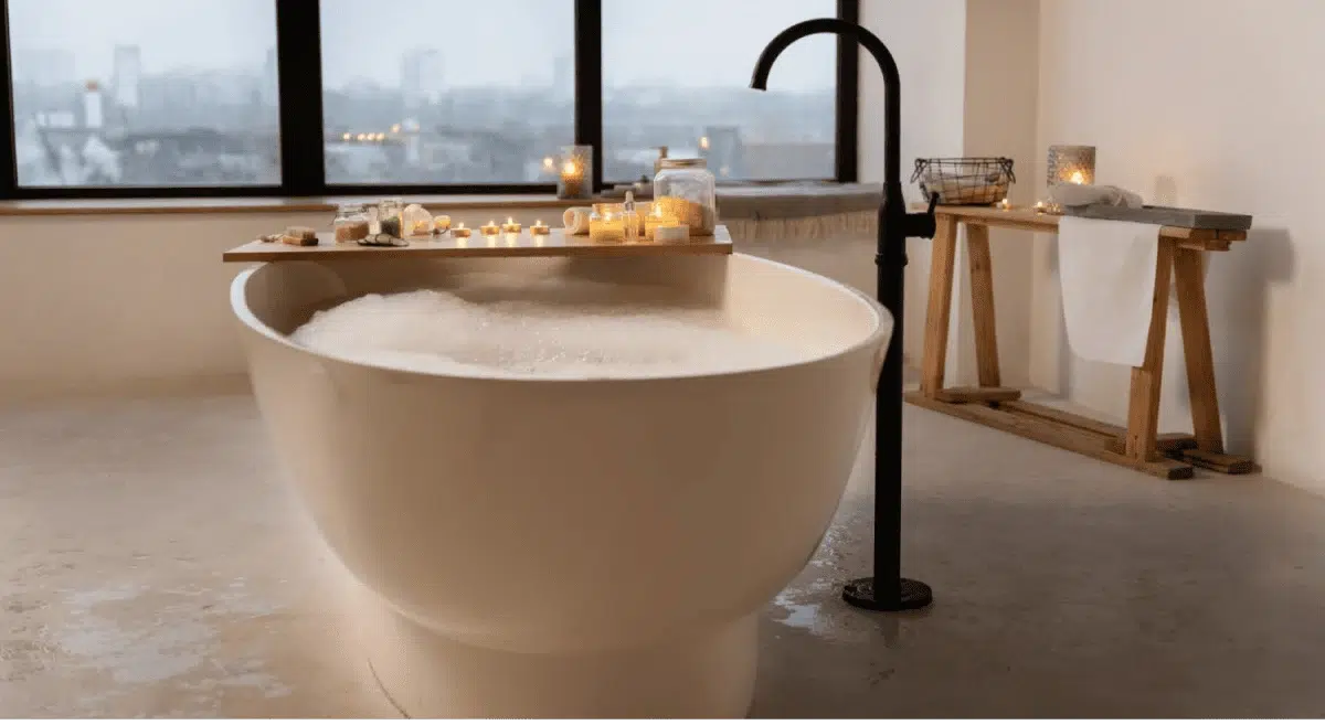 A luxurious bathtub with a wooden tray holding candles and bath essentials, offering a relaxing ambiance.