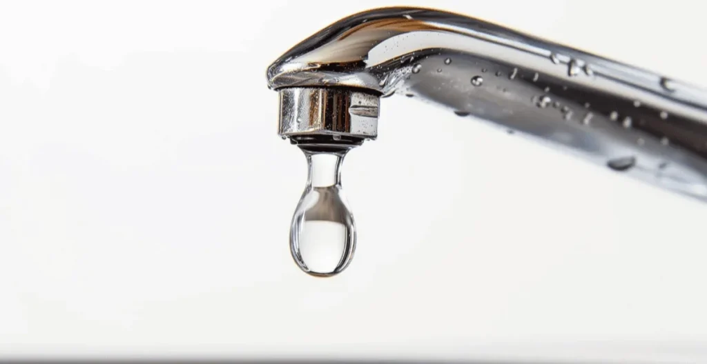 Close-up of a water droplet hanging from the tip of a metal faucet, with water droplets scattered across the surface.