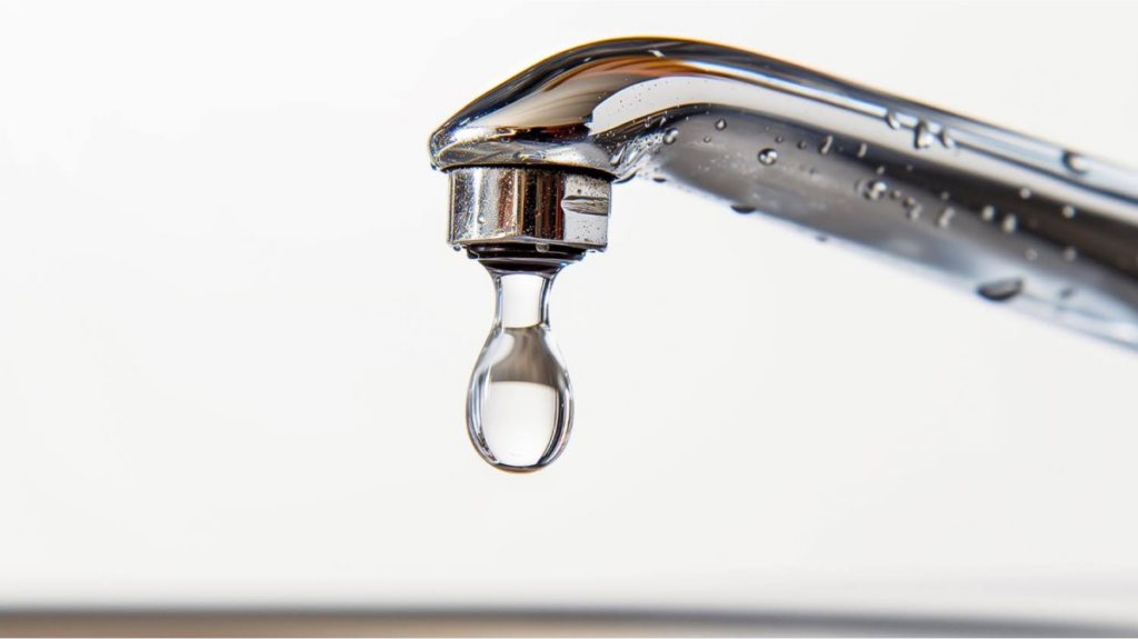 A close-up shot of a water droplet falling from a kitchen faucet, highlighting a leak.