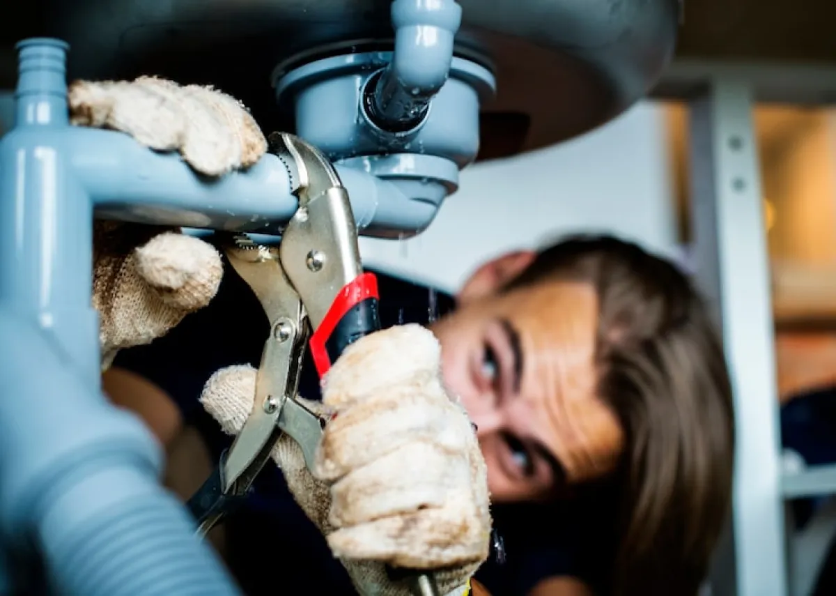 Closeup of plumber fixing pipes 